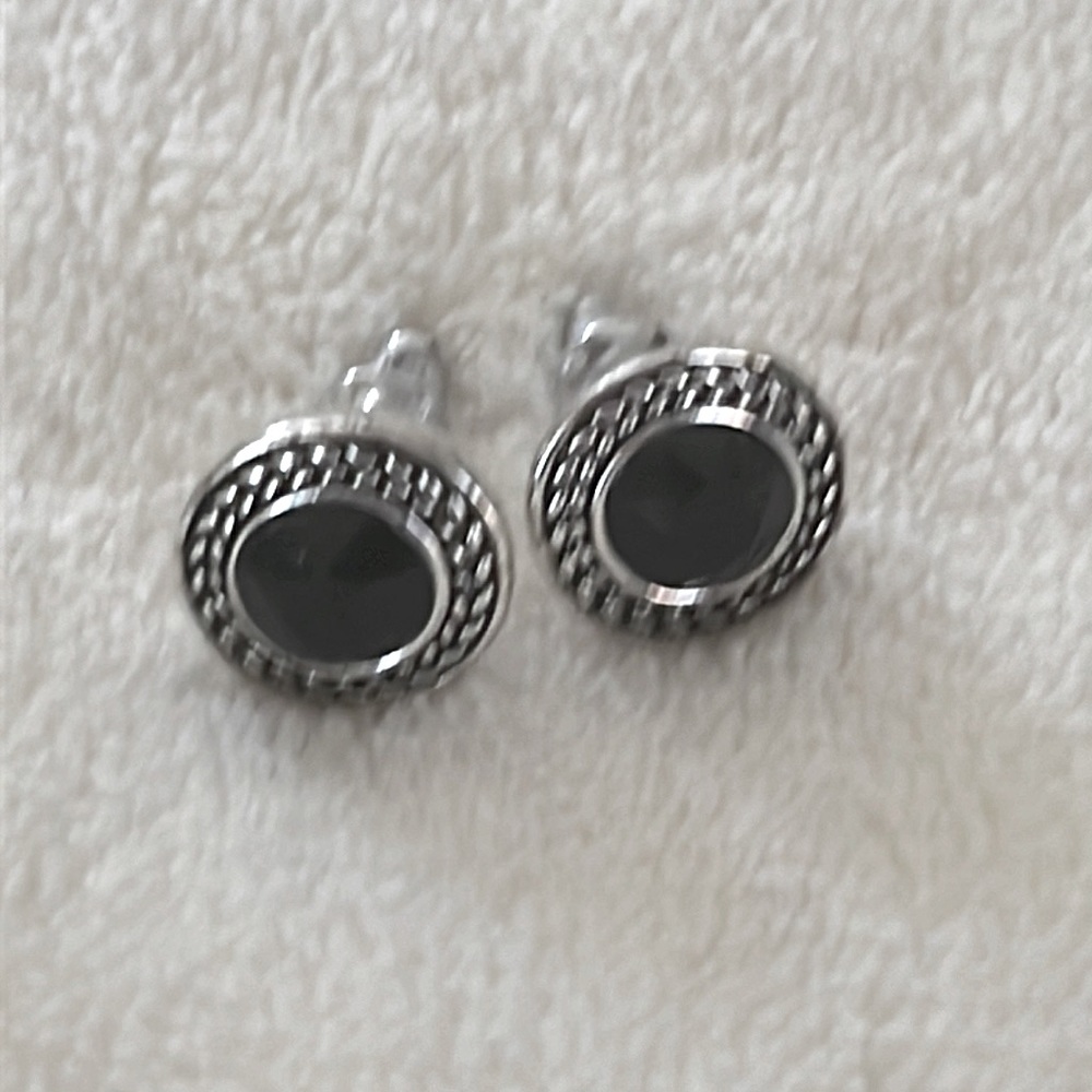 Vintage Signed Napier Silver Tone With Faux Black Stone Button Pierced Earrings